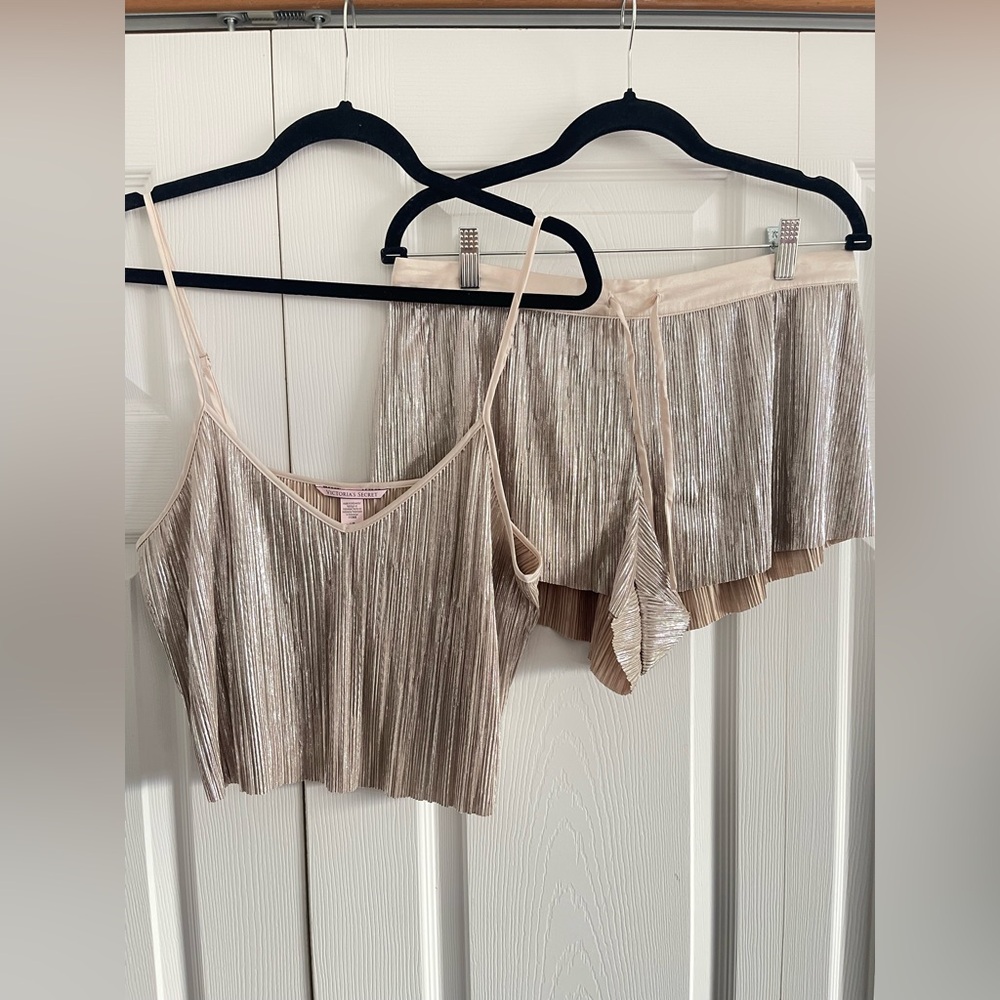 Victoria's Secret Shimmering Beige Pleated Pajama Set